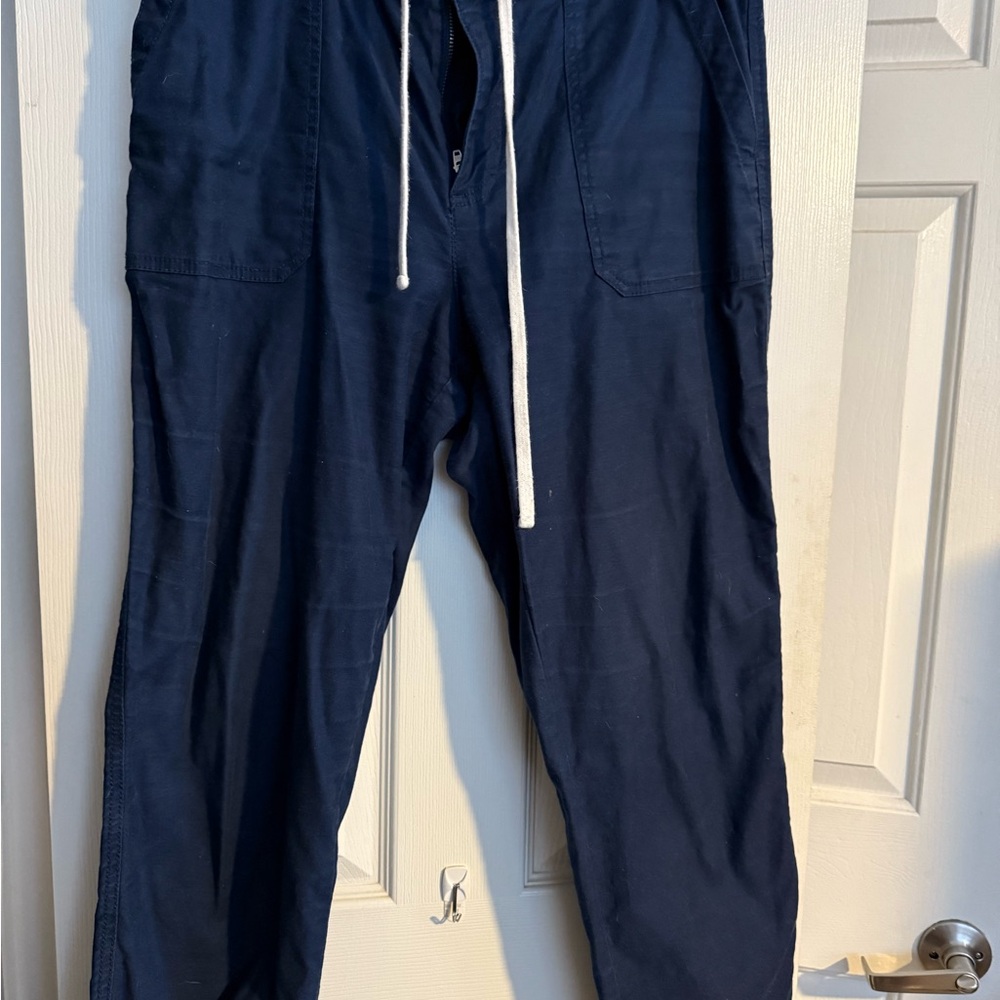 LOFT Men's Dark Blue Joggers with White Drawstring.
